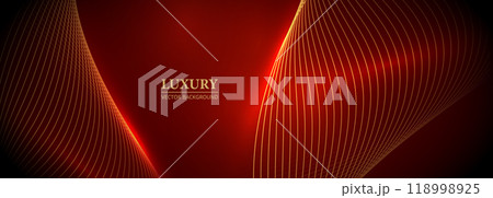 Luxury abstract red wide background with glowing golden wavy lines 118998925