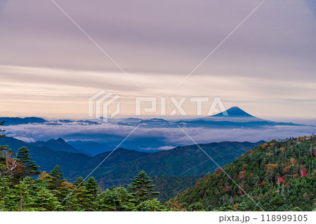 【長野県】朝の光に照らされた紅葉が美しい、国師ヶ岳から望む富士山 118999105