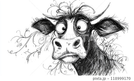 Frazzled Bovine: Nervous Cow Cartoon in Ink. Generative AI	 118999170