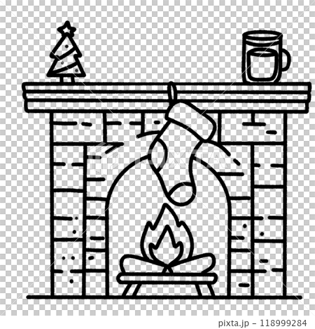 Line art doodle Hand drawn Christmas Winter graphic vector illustration isolated on white background color editable Fireplace with christmas decorations and small christmas tree, mug, stocking, fire 118999284