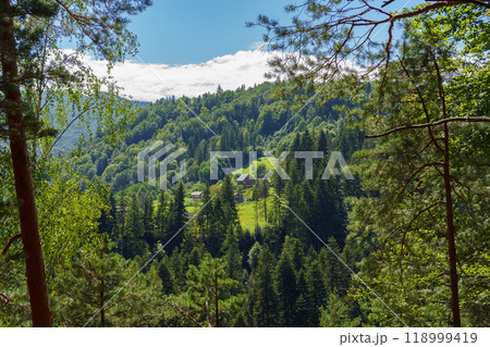 Beautiful landscape of village in valley among the mountains in summer day, Carpathians, Ukraine Beautiful landscape of village in valley among the mountains in summer day, Carpathians, Ukraine 118999419