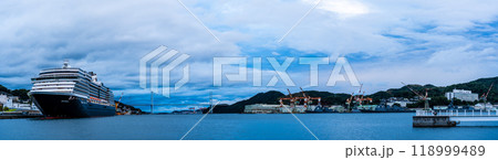 長崎港客船入港（Westerdam）水辺の森公園からの夕景　パノラマ【長崎市】 118999489
