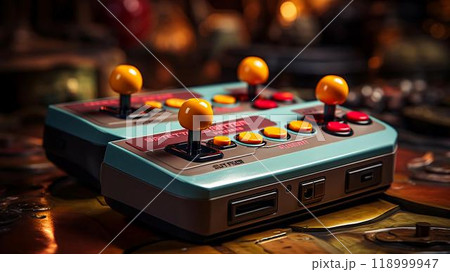 Old stylish vintage retro game console with video game joystick poster from 80s 90s 118999947