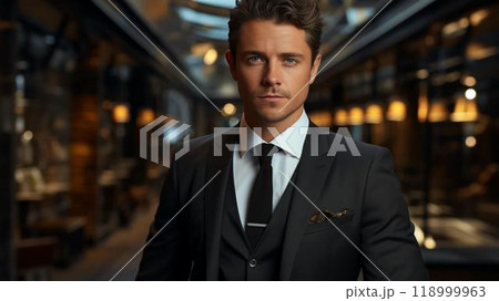 Handsome male businessman in a classic suit with a tie in the office. White collar office worker concept 118999963