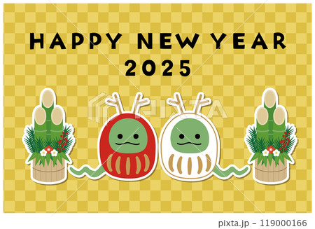 蛇だるまと門松の年賀状,背景は金色の市松模様（2025年） 119000166