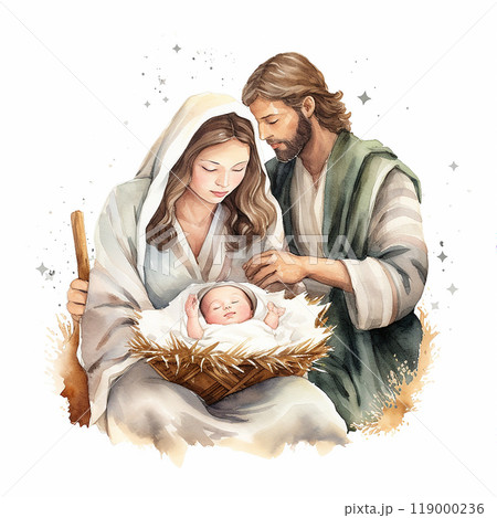 Nativity scene of Joseph and Mary holding baby Jesus, watercolor illustration 119000236