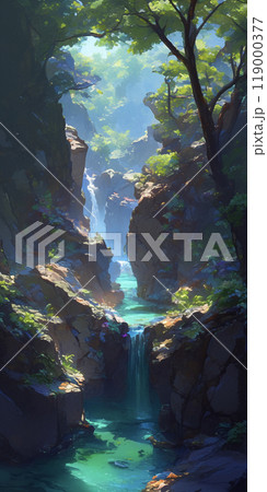 山の中の美しい滝　AI画像 119000377