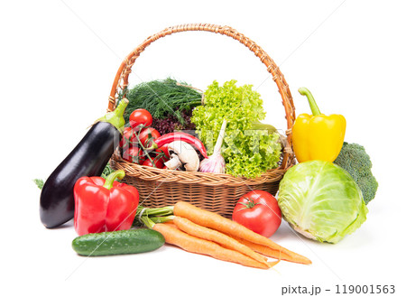 full basket of fresh and ripe vegetables isolated on white 119001563