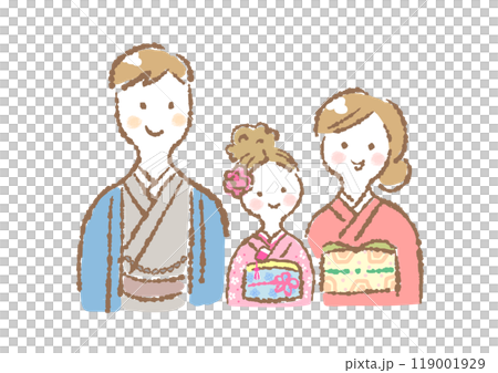 Illustration of three family members wearing kimonos (Shichi-Go-San, 7 years old/New Year) Illustration of three family members wearing kimonos (Shichi-Go-San, 7 years old/New Year) 119001929