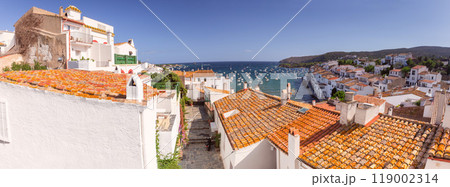 Aerial panoramic view of Cadaques on a sunny day, Catalonia, Spain 119002314