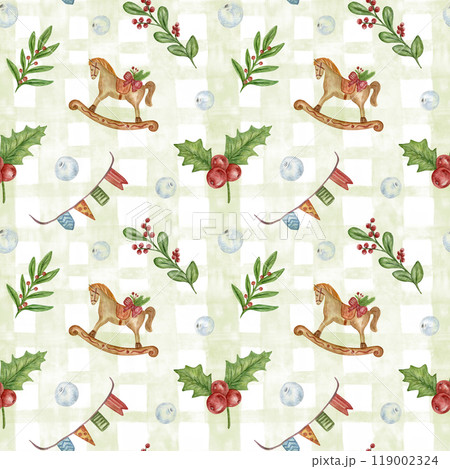 Watercolor seamless pattern of handmade Christmas decorations, rocking horses, flags, holly, berries. A pattern with vintage Christmas decorations, toys and decor, striped watercolor background. 119002324