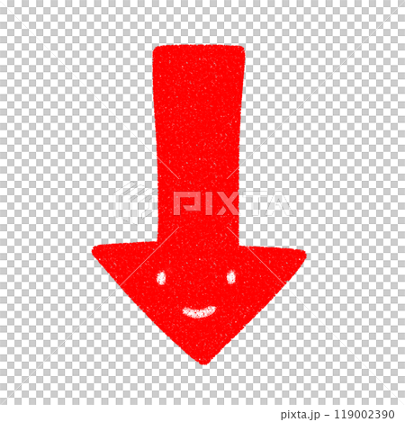 Cute hand-drawn illustration of a smiling arrow pointing down 119002390