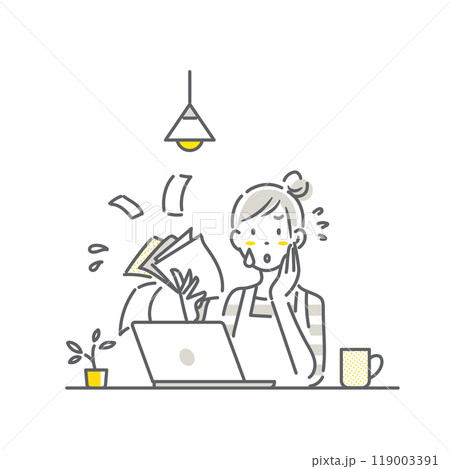 確定申告にストレスを抱える主婦　シンプルでお洒落な線画イラスト 119003391