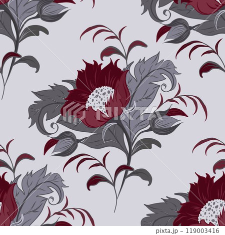 Seamless pattern with red rose, buds and gray leaves. Folk vector illustration with flowers. Boutonniere of rose flowers. Beautiful Bouquet of elegant flowers. 119003416