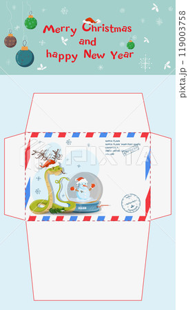 A postal envelope for Santa Claus a symbol of the new year a snake with a glass ball 119003758