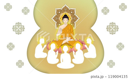 Lord of Buddha sermon to five ascetics and was enlighten become first monk of Buddhism, silhouette design, The Buddha preached His first sermon to the five monks, buddha delivering teachings 119004135
