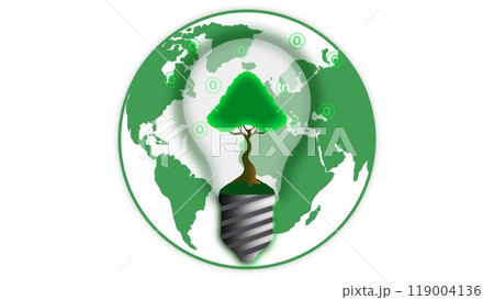 Renewable energy concept Earth Day or environment protection, Green energy innovation light bulb with future industry of power generation icon graphic interface, Preserve the world, renewable energy 119004136