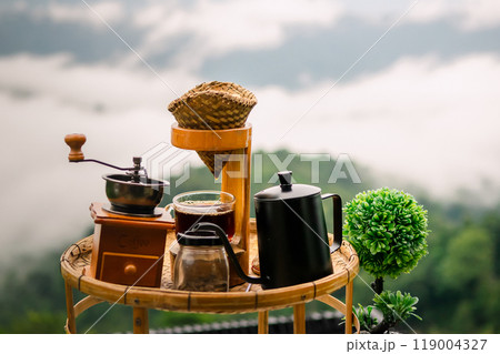 Drip coffee, relax with a view of fog and mountains. 119004327