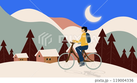 cycling exercise, Man riding bicycle in city, 4k simple cartoon animation, perfect loop, cycling along road, riding bicycle along city, student riding bike along urban street in city, winter season 119004336