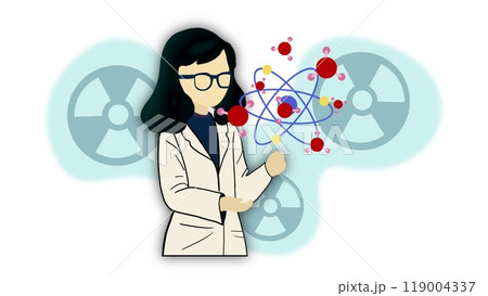 scientist woman lifting atom molecule, Woman in science set or female scientist in laboratory tiny person collection, Female chemist in lab goggles contemplating a molecular structure, Atom molecule 119004337