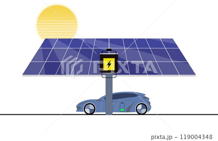 Electric car charging at a gas station in the city, green energy of the future, Electrical power from sunlight, Electric car, new energy vehicle, is charged from the charging station, Fast electric 119004348