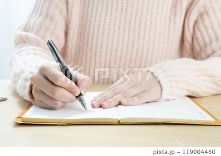 ボールペンでノートにメモをする女性の手元 119004480