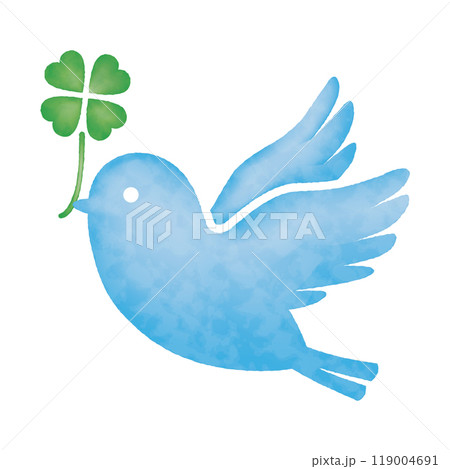 空を飛んでいる青い小鳥と四つ葉のクローバーの水彩風ベクターイラスト 119004691