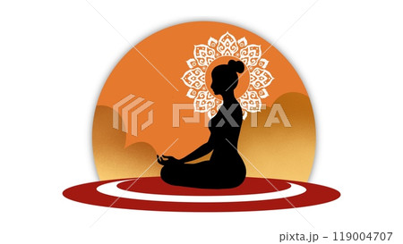 Silhouette of a woman sitting in yoga lotus pose, Healthy wellness Asian woman yoga breathing meditating in lotus position, Spirit of the universe silhouette, A woman performs yoga and meditate 119004707