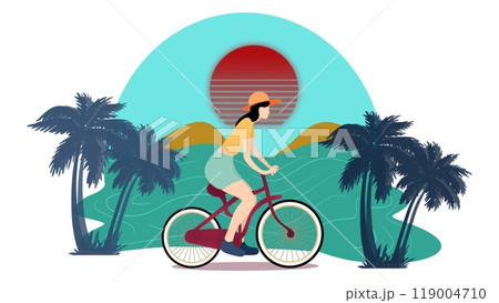 Girl cycling on road animation, cycling character full length, bicycle travel transport,Tourist young woman cycling down the street, Active urban, Cycling by the beach 119004710