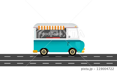 Animated food truck riding, food truck with detailed interior, Takeaway food and drinks chef food truck delicious menu, delivery food, Eating at Tables Outside, Commercial Truck Selling Street Food 119004722