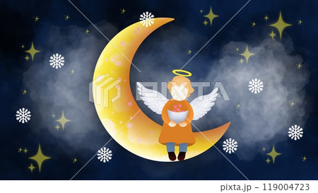 Enchanted fairy, With an aura of calm An angel sitting on a crescent moon Her wings gracefully surround her. She holds a cup full of heart and love, santa claus on the moon, Angel in heaven land 119004723