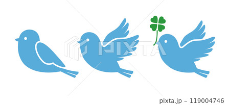 空を飛んでいる青い小鳥と四つ葉のクローバーのベクターイラストセット 119004746