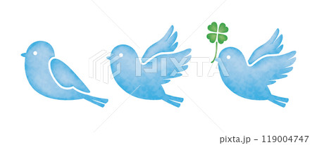 空を飛んでいる青い小鳥と四つ葉のクローバーの水彩風ベクターイラストセット 119004747