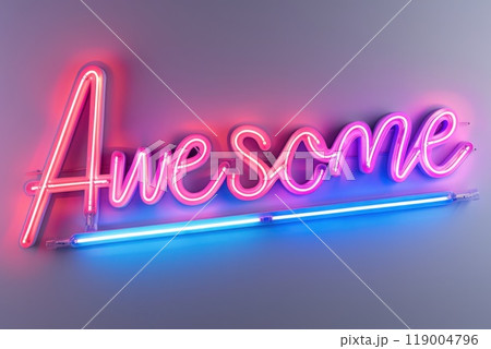 Bold neon sign glowing 'Awesome' in vibrant pink and blue hues. Stylish and modern, ideal for nightlife themes, trendy decor, and colorful statement art 119004796