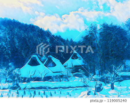 雪の積もった合掌造り 119005240