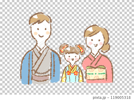 Illustration of three family members wearing kimonos (Shichi-Go-San, 3 years old/New Year) 119005318