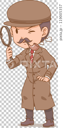 Cartoon character of detective looking through a magnifying glass. 119005357