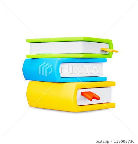 Cute 3d stack of colorful books with bookmark on white backdrop. Bright and modern design element for education, reading, or library-related concepts in web and app. Vector illustration of 3d render. 119005730