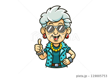 Cool cheerful rejuvenating granny, elderly woman shows thumb 119005753