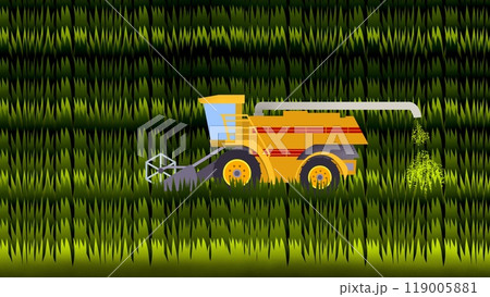Agricultural rice harvester machine, Tractor working on the rice fields barley farm, agricultural transport, a rice harvester machine in the middle of harvesting paddy fields, Ripe rice harvesting 119005881