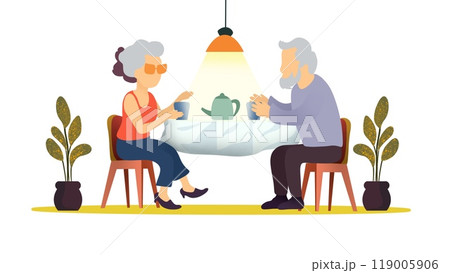 Grandmother and grandfather, Elderly couple sitting at kitchen table and drink tea or coffee together, Elderly women, friends and drink tea with friend together in nursing home, family life 119005906