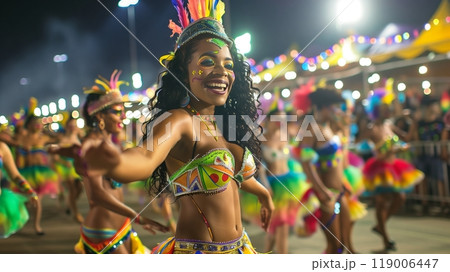 A vibrant Brazilian carnival parade features colorful dancers, dazzling performances, and festive music. 119006447