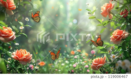 A whimsical garden full of blooms and butterflies, with a breeze carrying the sweet scent of roses. 119006467