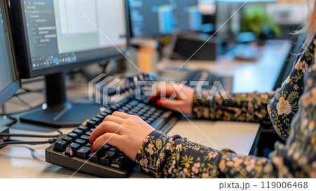 A person with cerebral palsy efficiently uses adaptive tech in a high-tech office, highlighting inclusive design. 119006468