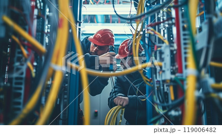 Electricians expertly wire a high-tech building, ensuring all systems are securely and efficiently connected. Electricians expertly wire a high-tech building, ensuring all systems are securely and efficiently connected. 119006482