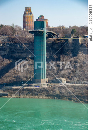 View from Canadian side across the river to the Niagara Falls Observation Tower on US side, located next to the American Falls and the Bridal Veil Falls. High quality photo 119006538