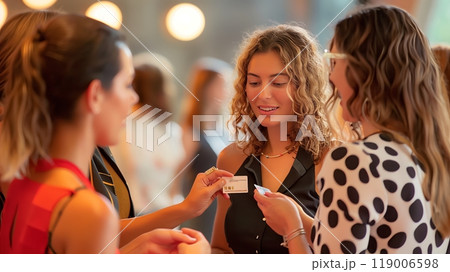 A networking event where professional women exchange business cards and ideas, fostering connections. 119006598