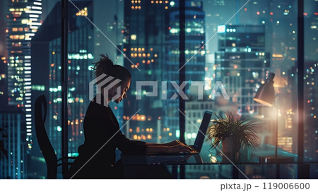 A confident businesswoman works late in a minimalist office, lit by city lights, showing her dedication. 119006600