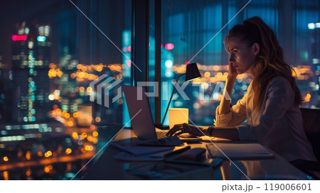 A confident businesswoman works late in her minimalist office, illuminated by the city skyline lights. 119006601