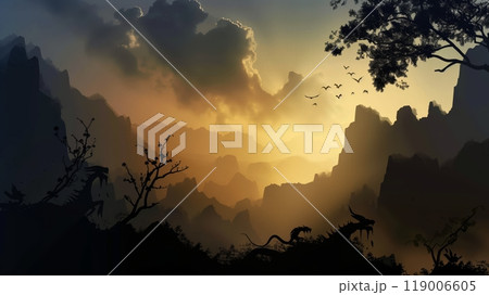 The enchanted valley's silhouette reveals mythical creatures in the fading twilight, as shadows blend with daylight. 119006605
